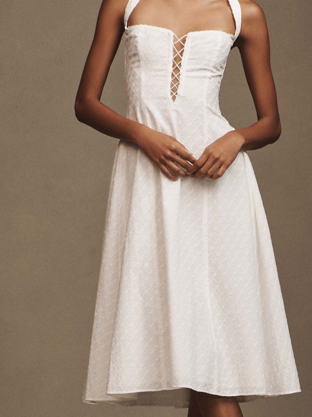 Mirror Palais White Halter Lace-Up Midi Sundress